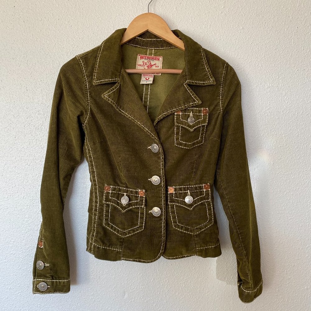 True Religion S Green Corduroy Blazer Jacket EUC